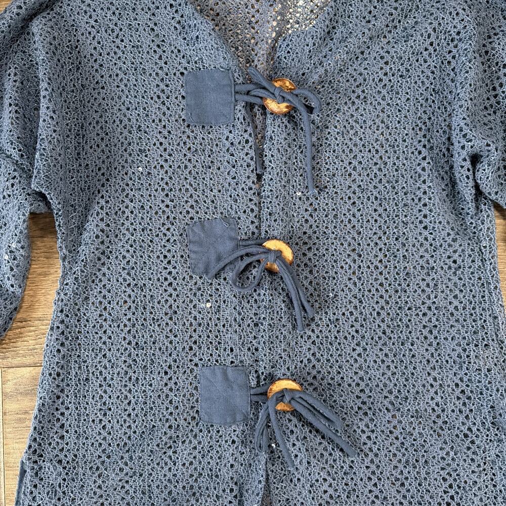 Y2K Kaktus Sz L Blue Crochet Toggle Cardigan Whimsigoth Boho Festival Fairy Knit - Picture 4 of 11